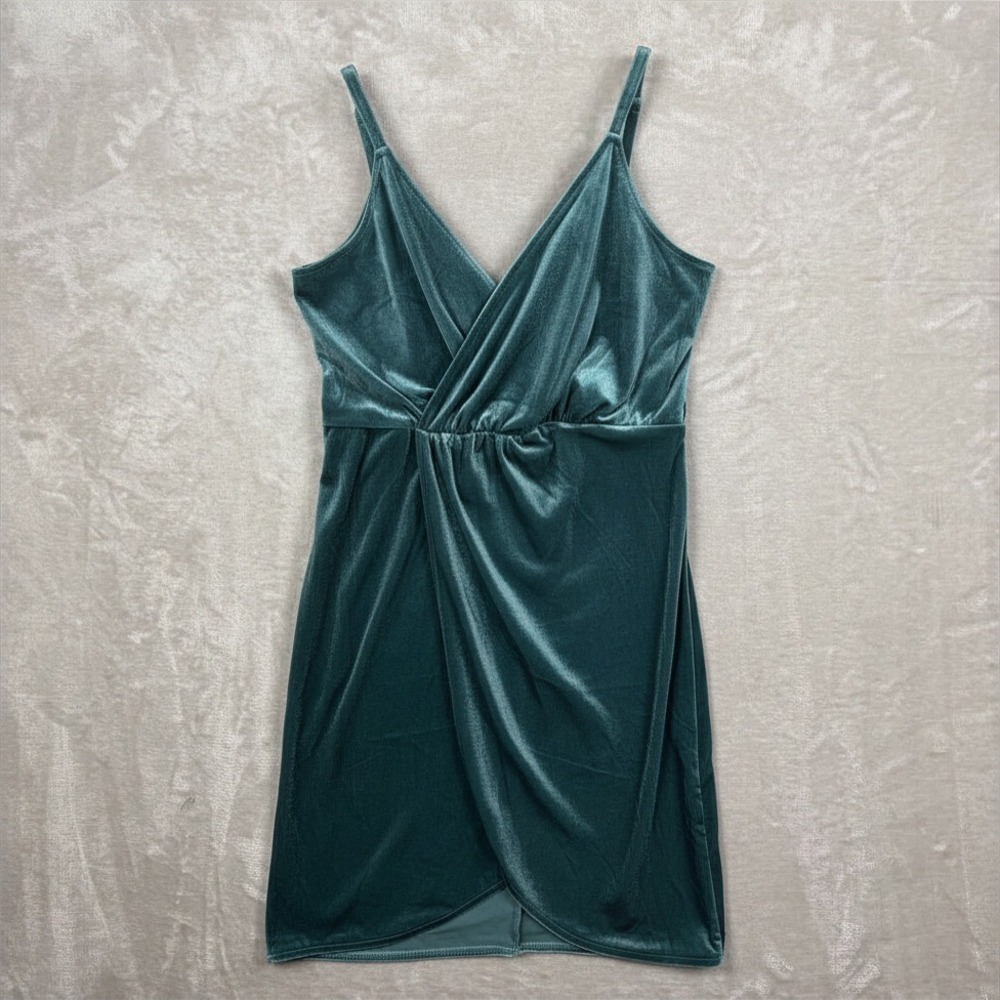 VTG Wet Seal Mini Dress Women M Teal Green Velvet Wrap Straps Babydoll Fairy Y2K